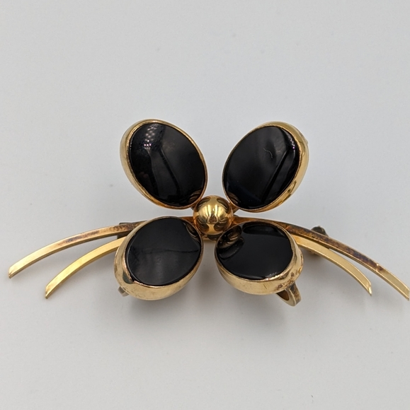 Beautiful Vintage Bal-Ron 12k G.F. Black Onyx Brooch Flower 4 Leaf Clover Motifs - Picture 3 of 7